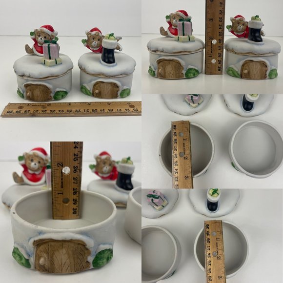 Vtg 2 Homco Christmas Holiday Teddy Bears Trinket Box Round Porcelain w Lid Deco - Picture 3 of 11